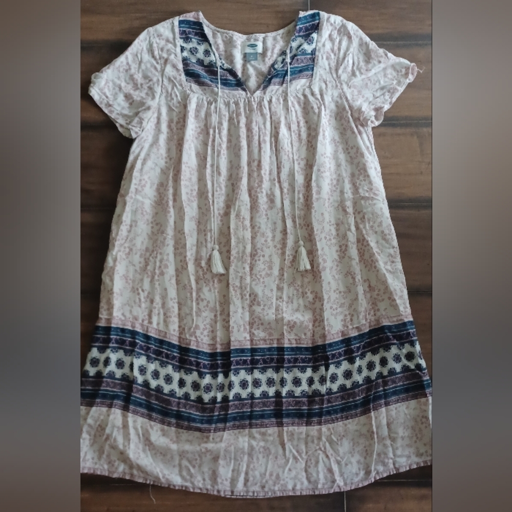 Old navy sz m pink boho short dress shift tie‎ tassel neck geometric floral